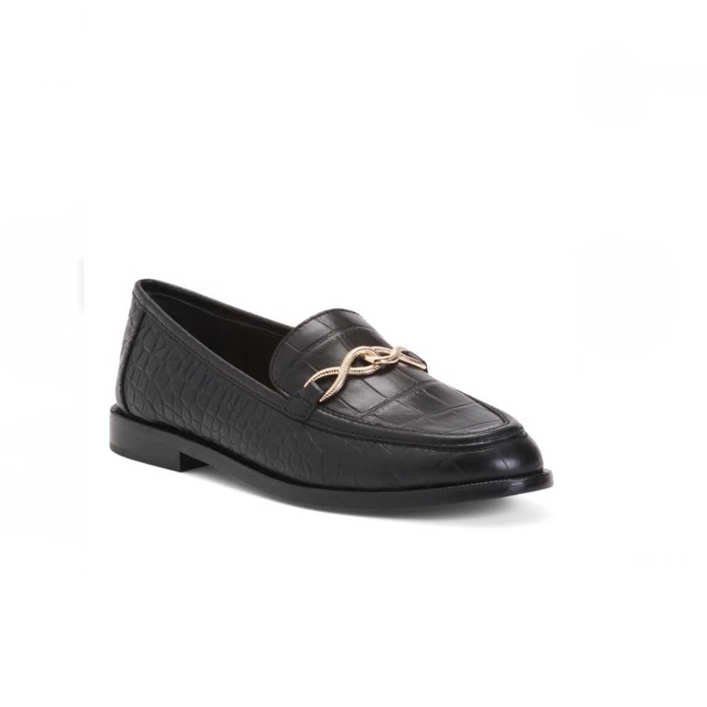 Joie Laila Chain Loafer Black With Gold tone Hardware Women's 5.5 Croc Embossed